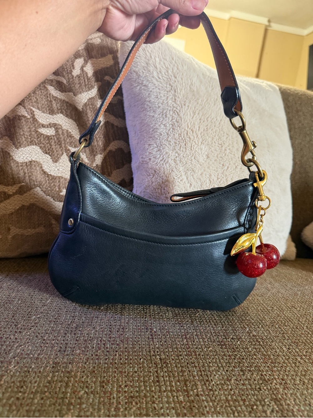 Classic Black Leather Shoulder Bag with Cherries not included